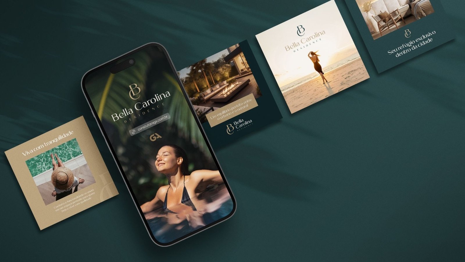 Mockups digitais Bella Carolina em celular e peças de apresentação