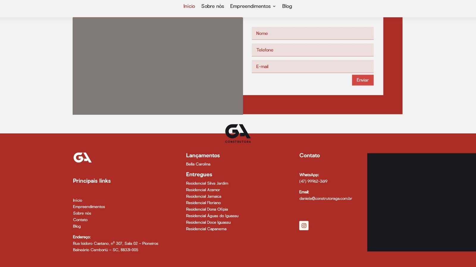 Detalhe de interface e rodapé no estudo de website da GA